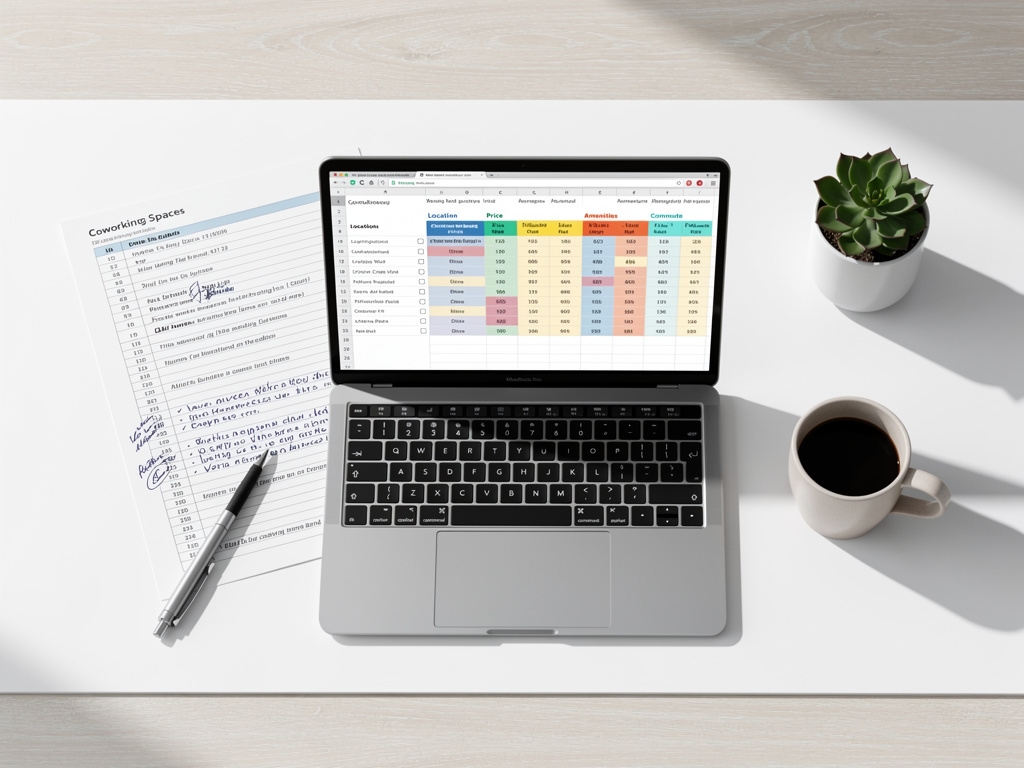 Escritorio de investigación editorial con notas y pantalla mostrando comparativas de coworking