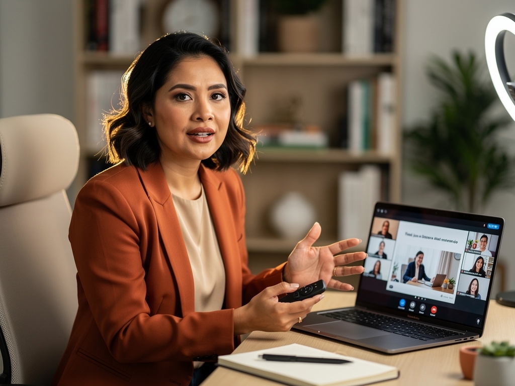 Sesión de webinar sobre trabajo remoto con participantes en pantalla y presentador